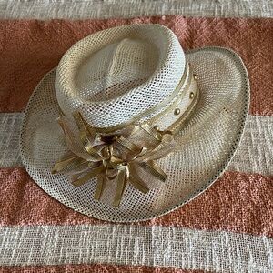 Gepetto Women’s Straw Sun Hat Ivory Gold Bow Wide Brim One Size